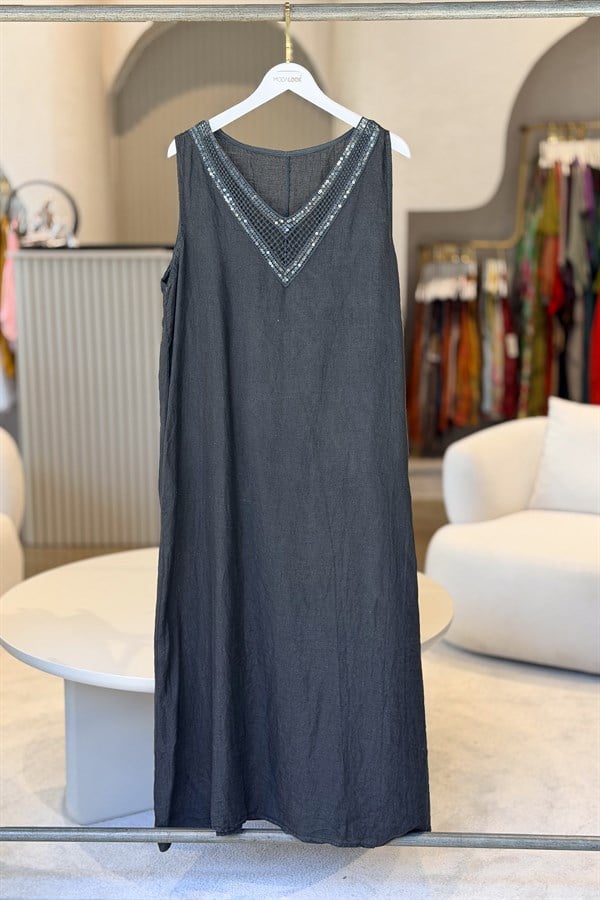 Pullu V Yaka Kolsuz Keten Elbise Antresit RenkELBİSE
