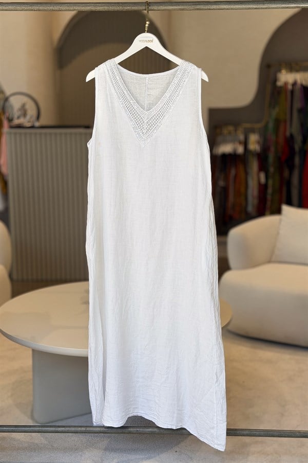Pullu V Yaka Kolsuz Keten Elbise Beyaz RenkELBİSE