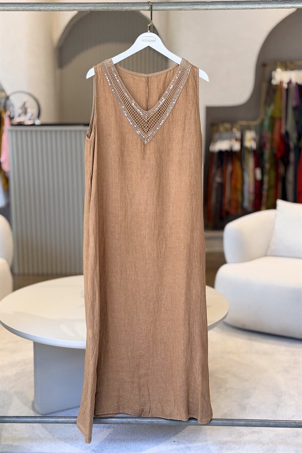 Pullu V Yaka Kolsuz Keten Elbise Camel RenkELBİSE