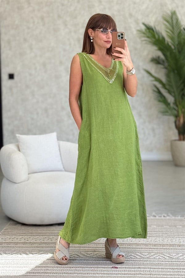 Pullu V Yaka Kolsuz Keten Elbise Fıstık Yeşil RenkELBİSE
