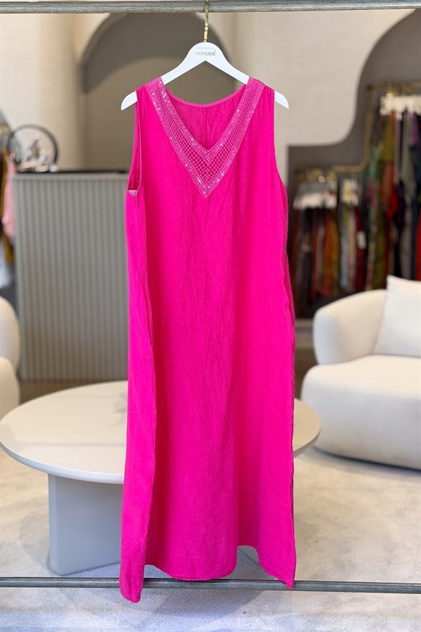Pullu V Yaka Kolsuz Keten Elbise Fuşya RenkELBİSE