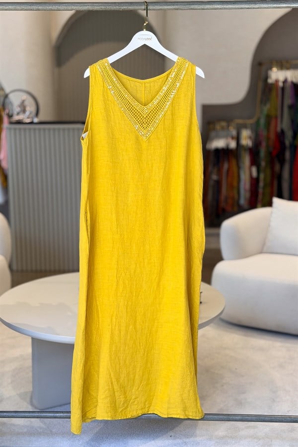 Pullu V Yaka Kolsuz Keten Elbise Hardal RenkELBİSE