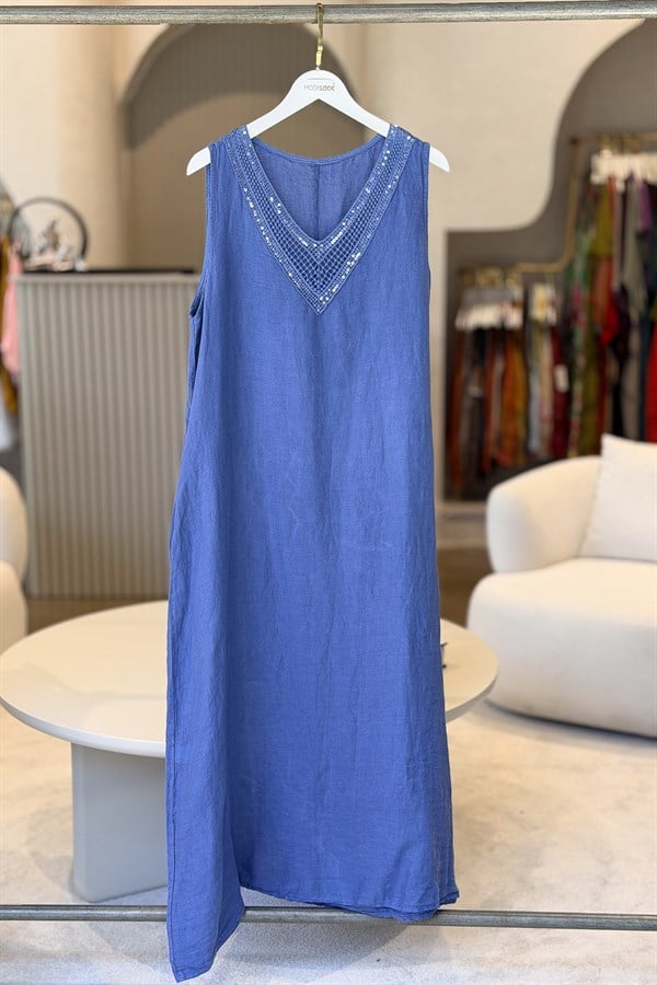 Pullu V Yaka Kolsuz Keten Elbise İndigo RenkELBİSE