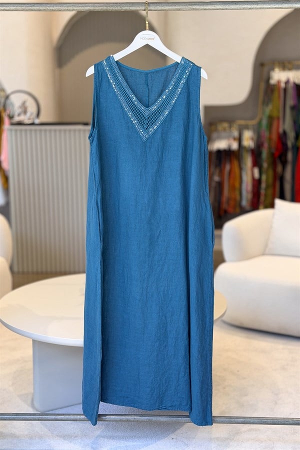 Pullu V Yaka Kolsuz Keten Elbise Petrol Mavisi RenkELBİSE