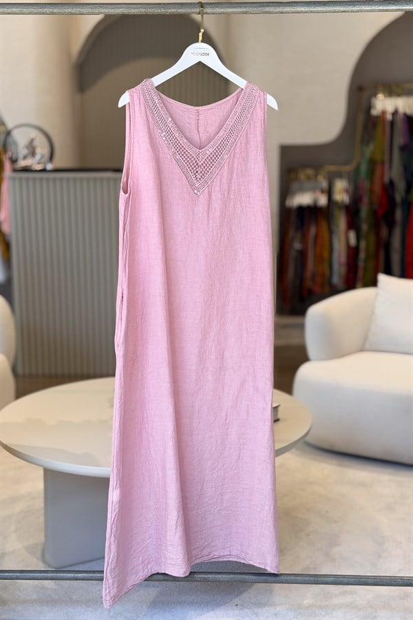 Pullu V Yaka Kolsuz Keten Elbise Pudra RenkELBİSE