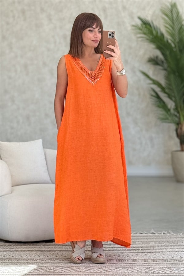 Pullu V Yaka Kolsuz Keten Elbise Turuncu RenkELBİSE