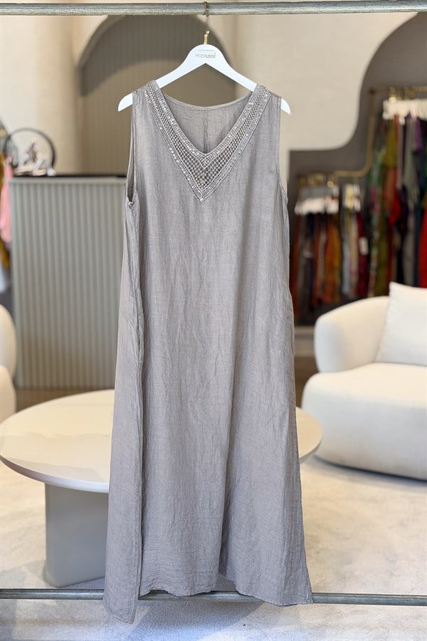 Pullu V Yaka Kolsuz Keten Elbise Vizon RenkELBİSE