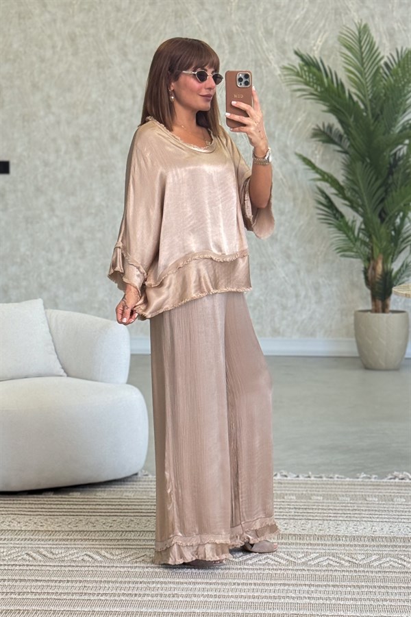 Püskül Detaylı Alt Üst Saten Takım Camel Renk