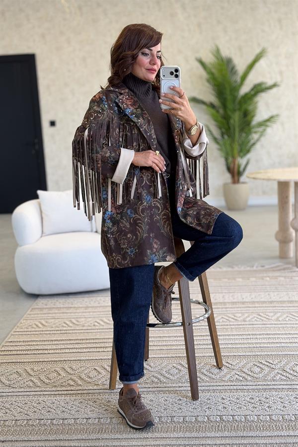 Püskül Detaylı Çiçek Desenli Uzunboy Güderi Ceket Acı Kahve Renk