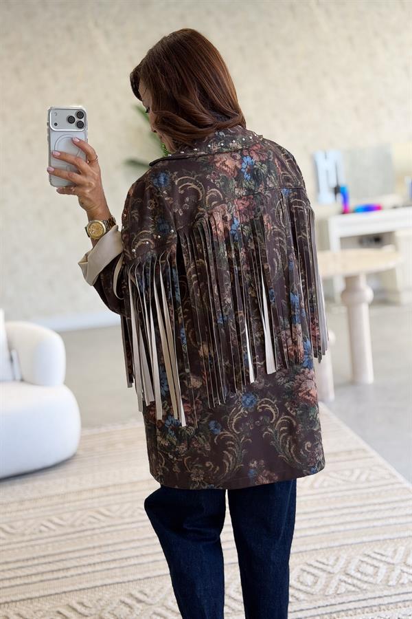 Püskül Detaylı Çiçek Desenli Uzunboy Güderi Ceket Acı Kahve Renk