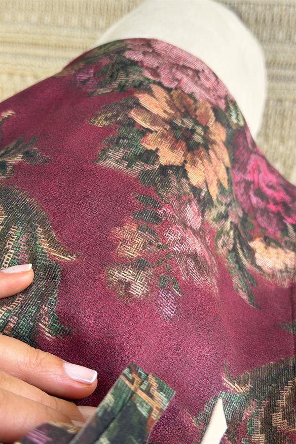 Püskül Detaylı Çiçek Desenli Uzunboy Güderi Ceket Bordo Renk