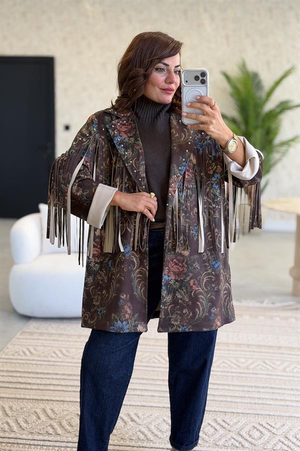 Püskül Detaylı Çiçek Desenli Uzunboy Güderi Ceket Acı Kahve Renk