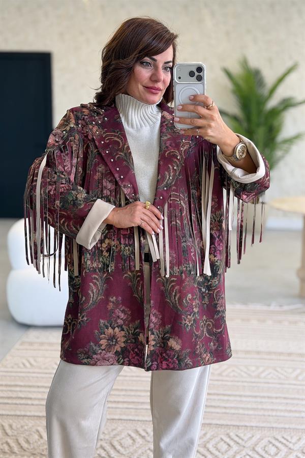 Püskül Detaylı Çiçek Desenli Uzunboy Güderi Ceket Bordo Renk