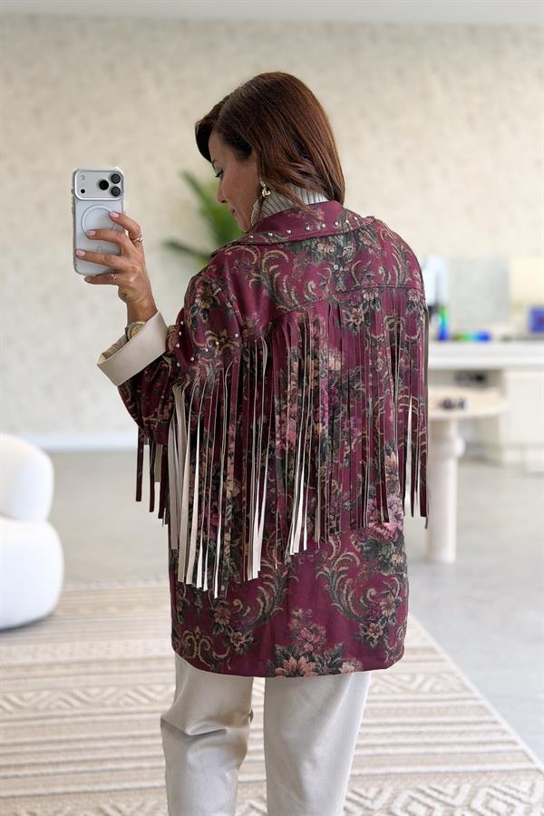 Püskül Detaylı Çiçek Desenli Uzunboy Güderi Ceket Bordo Renk