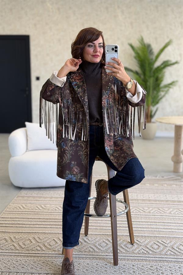 Püskül Detaylı Çiçek Desenli Uzunboy Güderi Ceket Acı Kahve Renk