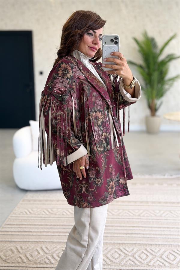 Püskül Detaylı Çiçek Desenli Uzunboy Güderi Ceket Bordo Renk