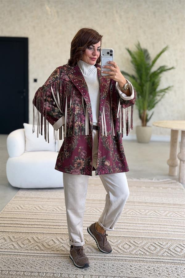 Püskül Detaylı Çiçek Desenli Uzunboy Güderi Ceket Bordo Renk