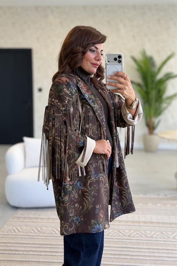 Püskül Detaylı Çiçek Desenli Uzunboy Güderi Ceket Acı Kahve Renk