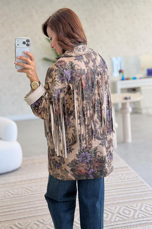 Püskül Detaylı Çiçek Desenli Uzunboy Güderi Ceket Bej Renk