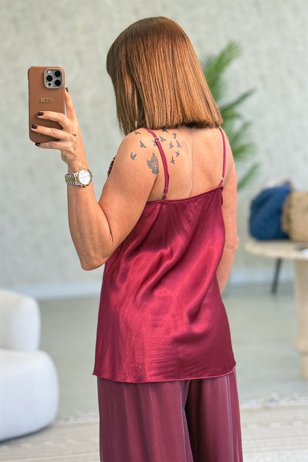 Püskül Detaylı Saten Askılı Badi Bordo Renk