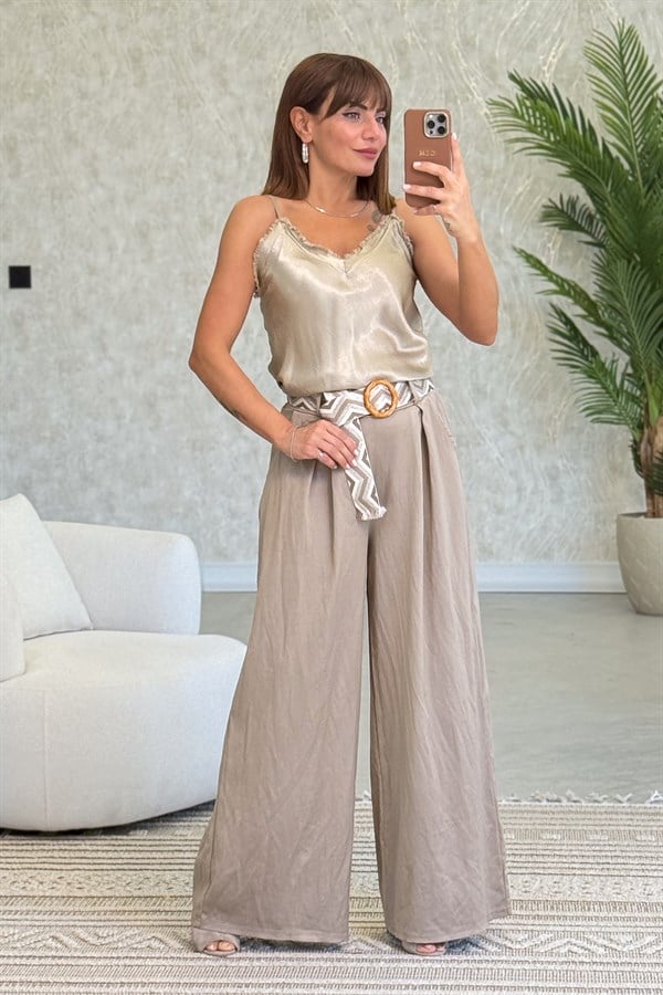 Püskül Detaylı Saten Askılı Badi Camel Renk