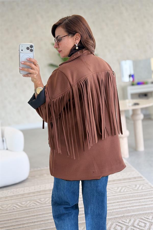 Püskül Ve Zımba Detaylı Astarlı Kaşe Ceket Kızılkahve Renk