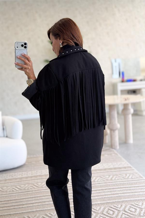 Püskül Ve Zımba Detaylı Astarlı Kaşe Ceket Siyah Renk