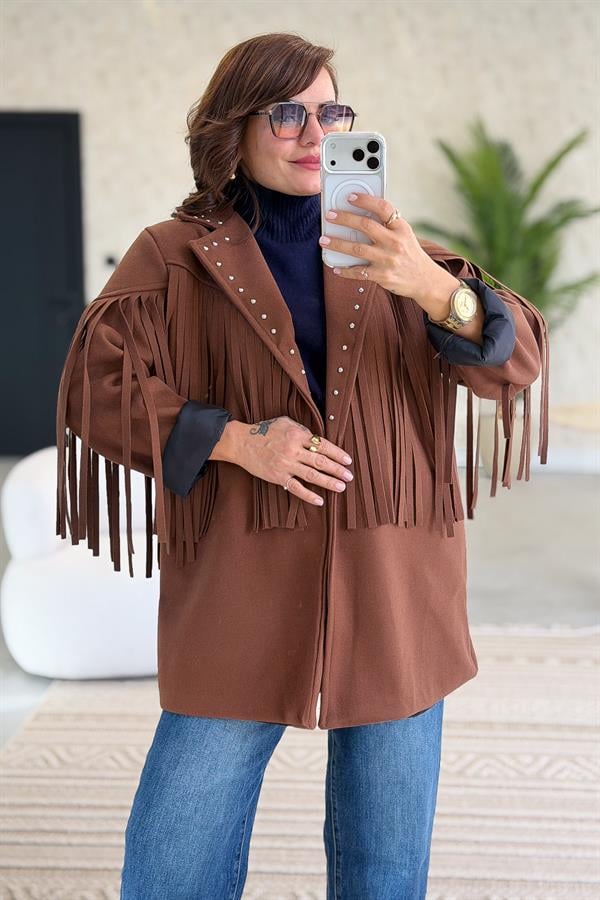 Püskül Ve Zımba Detaylı Astarlı Kaşe Ceket Kızılkahve Renk