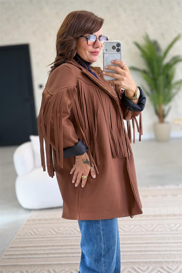 Püskül Ve Zımba Detaylı Astarlı Kaşe Ceket Kızılkahve Renk