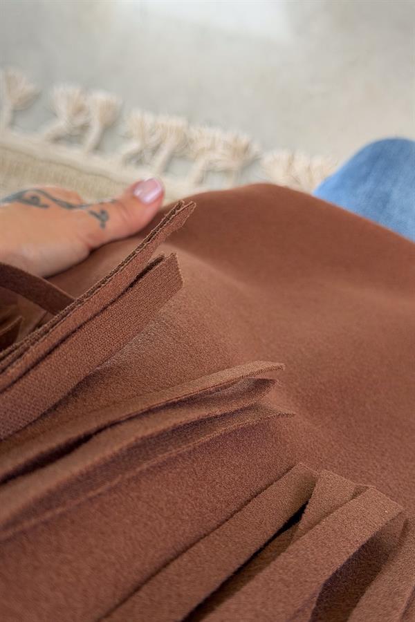 Püskül Ve Zımba Detaylı Astarlı Kaşe Ceket Kızılkahve Renk