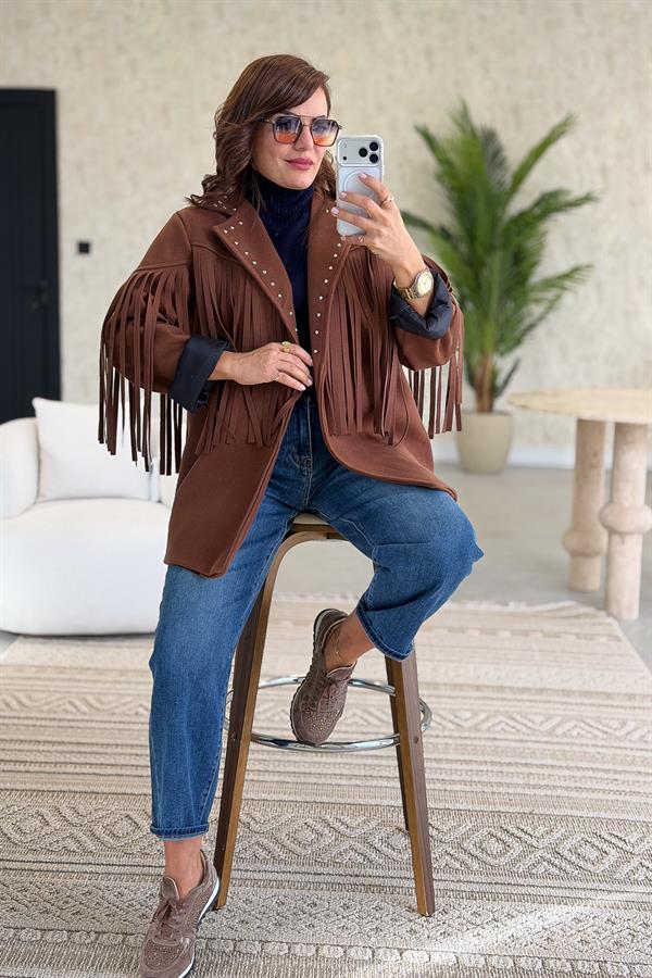 Püskül Ve Zımba Detaylı Astarlı Kaşe Ceket Kızılkahve Renk