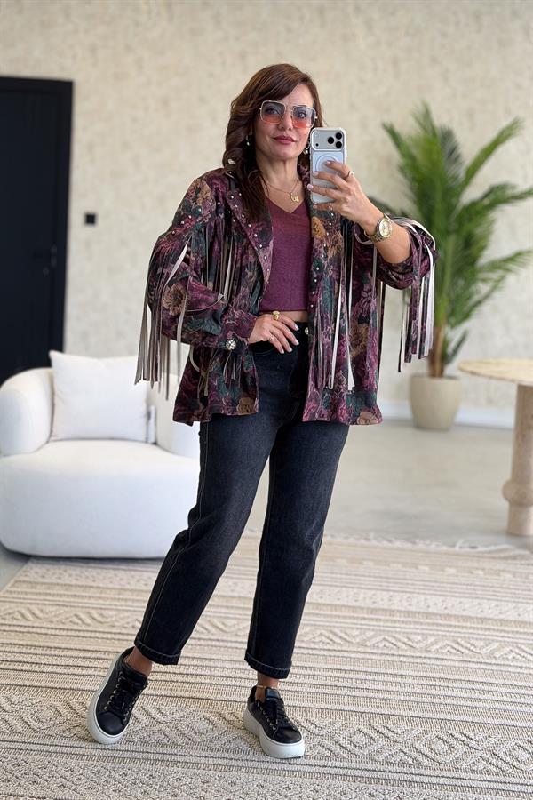 Püskül Ve Zımba Detaylı Gül Desenli Güderi Ceket Mürdüm Renk