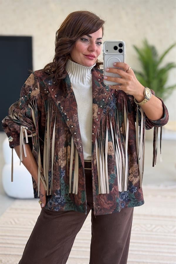 Püskül Ve Zımba Detaylı Gül Desenli Güderi Ceket Kahverengi Renk