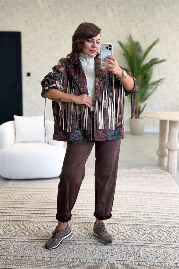 Püskül Ve Zımba Detaylı Gül Desenli Güderi Ceket Kahverengi Renk