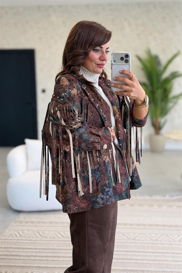 Püskül Ve Zımba Detaylı Gül Desenli Güderi Ceket Kahverengi Renk