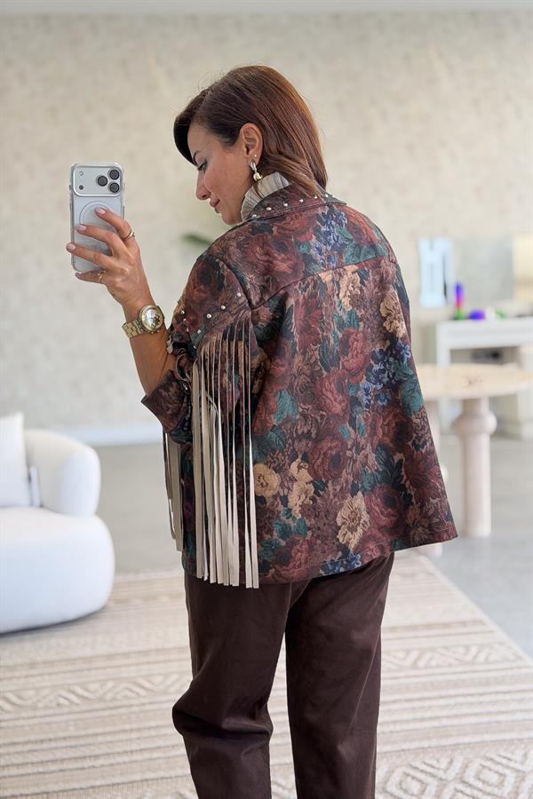 Püskül Ve Zımba Detaylı Gül Desenli Güderi Ceket Kahverengi Renk