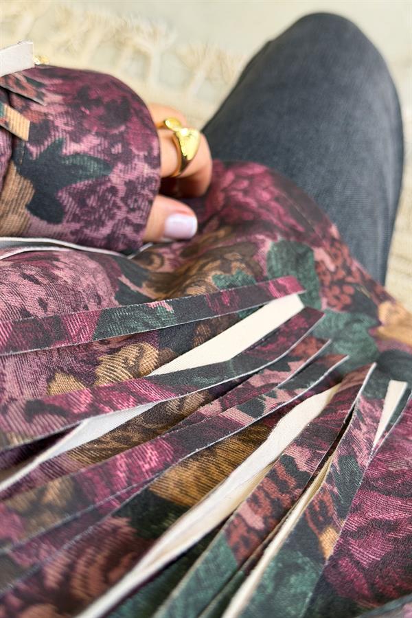 Püskül Ve Zımba Detaylı Gül Desenli Güderi Ceket Mürdüm Renk