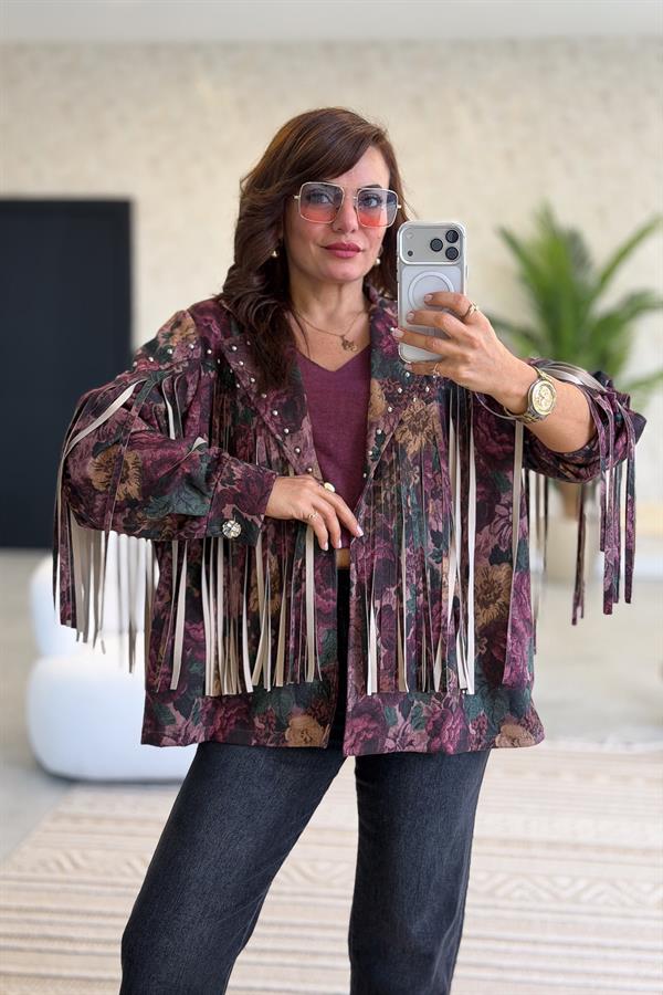 Püskül Ve Zımba Detaylı Gül Desenli Güderi Ceket Mürdüm Renk