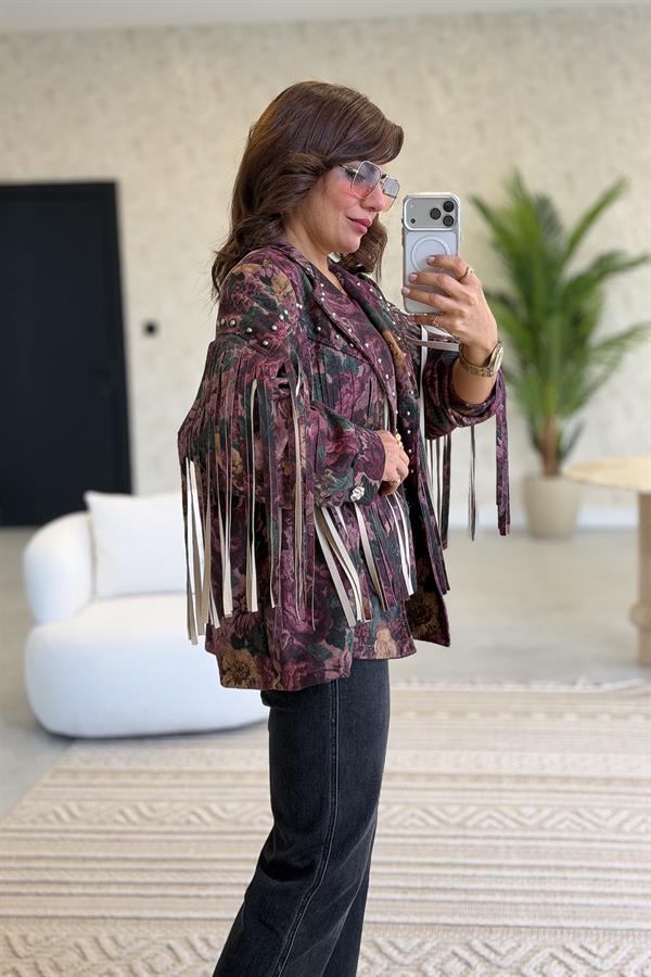 Püskül Ve Zımba Detaylı Gül Desenli Güderi Ceket Mürdüm Renk