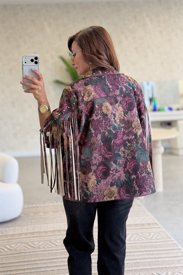 Püskül Ve Zımba Detaylı Gül Desenli Güderi Ceket Mürdüm Renk