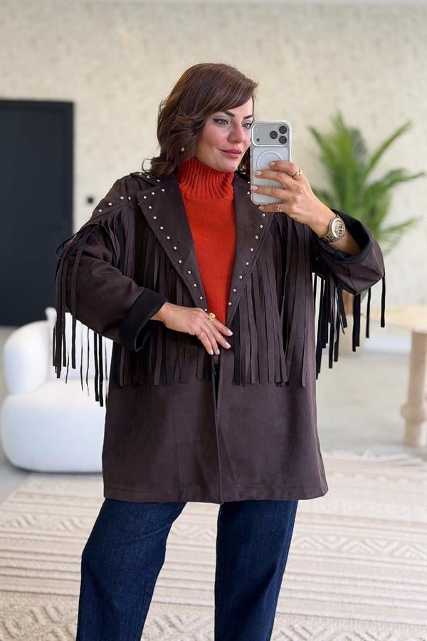 Püsküllü Ve Zımba Detaylı Uzunboy Güderi Ceket Acı Kahve Renk