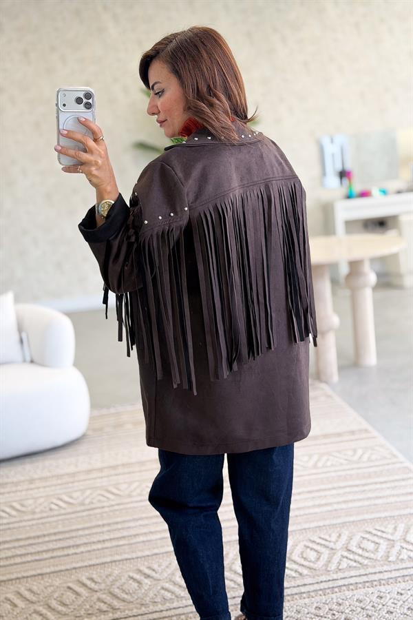 Püsküllü Ve Zımba Detaylı Uzunboy Güderi Ceket Acı Kahve Renk