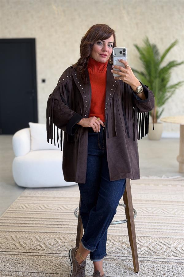 Püsküllü Ve Zımba Detaylı Uzunboy Güderi Ceket Acı Kahve Renk