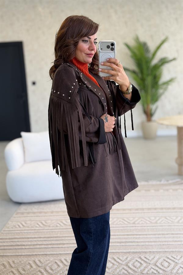 Püsküllü Ve Zımba Detaylı Uzunboy Güderi Ceket Acı Kahve Renk