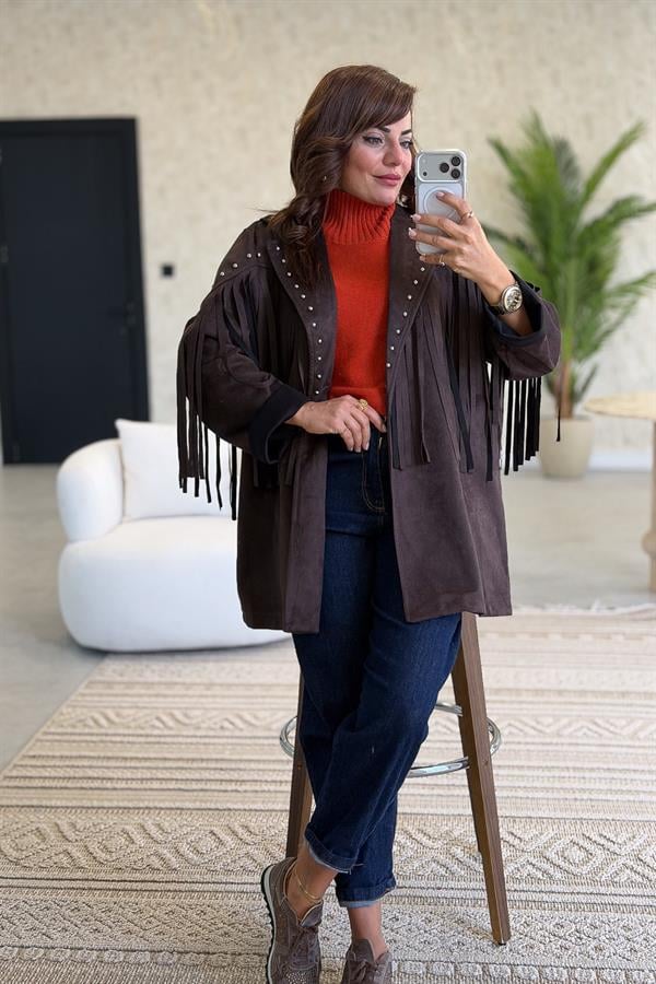 Püsküllü Ve Zımba Detaylı Uzunboy Güderi Ceket Acı Kahve Renk