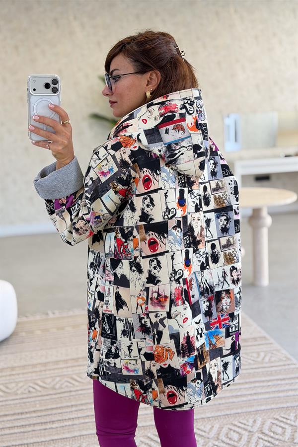 Renkli Desenleri Farklı Ceket Bej Renk