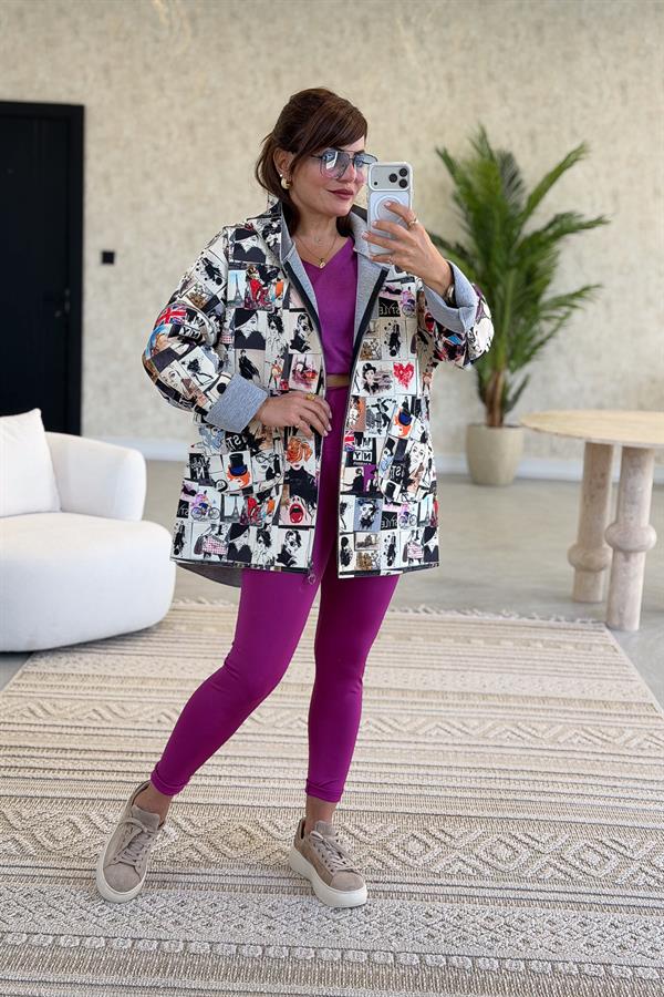 Renkli Desenleri Farklı Ceket Bej Renk