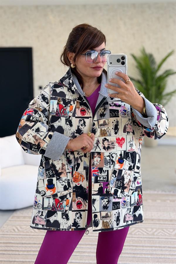 Renkli Desenleri Farklı Ceket Bej Renk