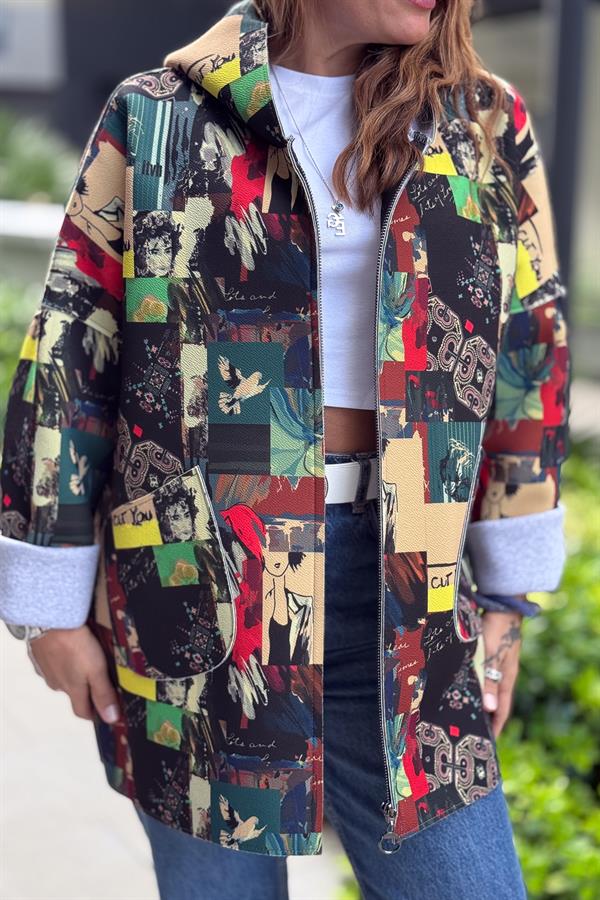 Renkli Desenleri Farklı Ceket Fıstık Yeşil Renk