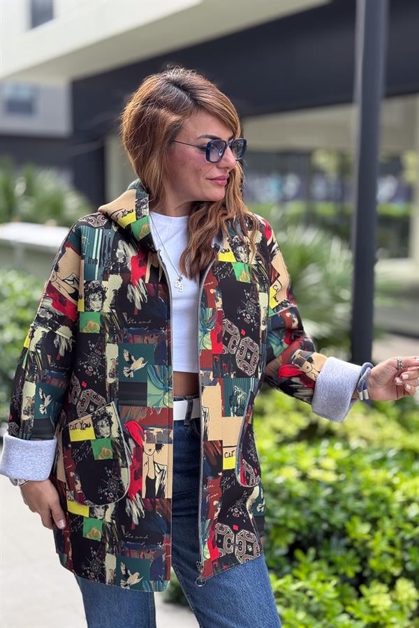 Renkli Desenleri Farklı Ceket Fıstık Yeşil Renk